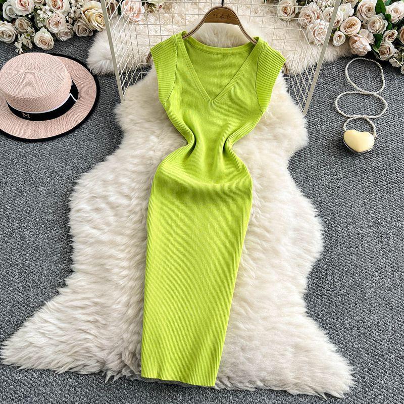 

Sexy V-neck Vest Skirt Women New Fashion Sleeveless Mid-Length Stretch Tight Slimming Knitted Sheath Dress Bright green All yards