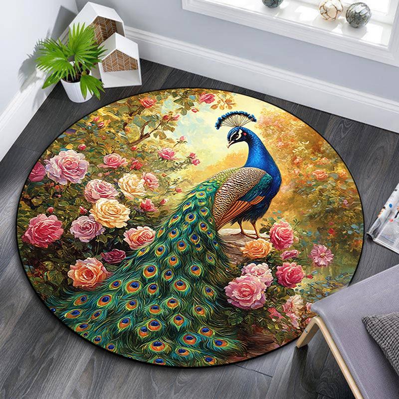 Peacock Garden Round Area Rug,Carpet Rug for Living Room Bedroom Sofa Playroom Decor,Non-slip Floor Mat