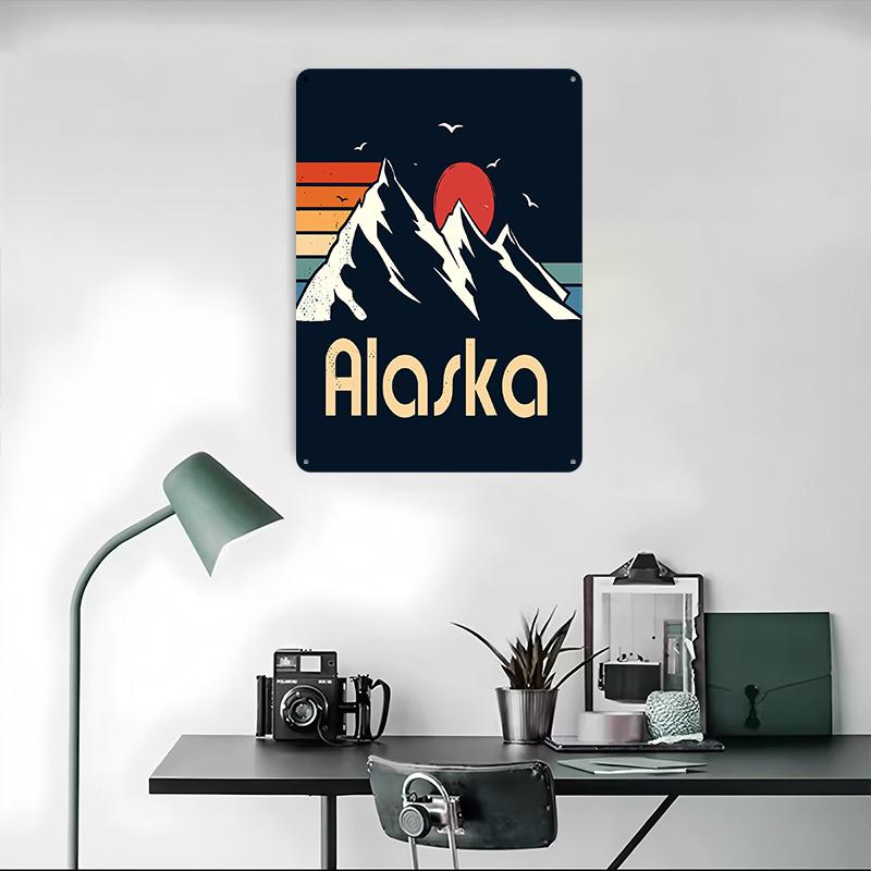 Alaska Mountain Sunset Retro Illustration Printed Poster Customized Wall Art Retro Vintage Metal Tin Signs for Home House Decor