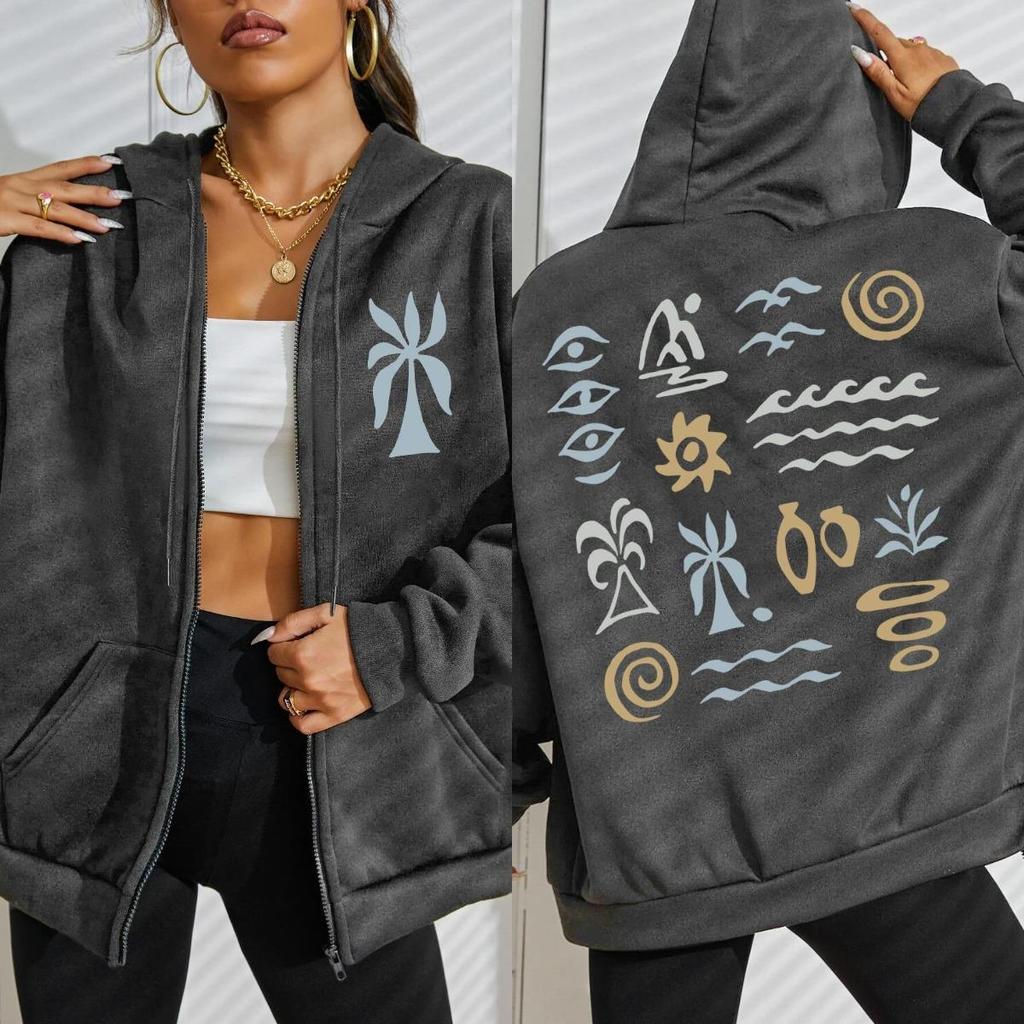 Sea Beach Coconut Tree Creative Printing Woman Zipper Hoodie Autumn Fleece Clothes Comfortable Hoody Women Streetwear