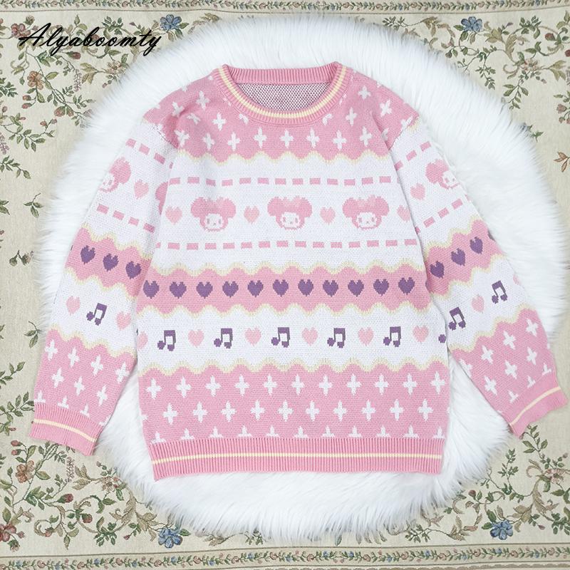 

Японский стиль Лолиты, осенне-зимний женский милый свитер с розовым сердцем, толстый теплый Kawaii вязаный пуловер
