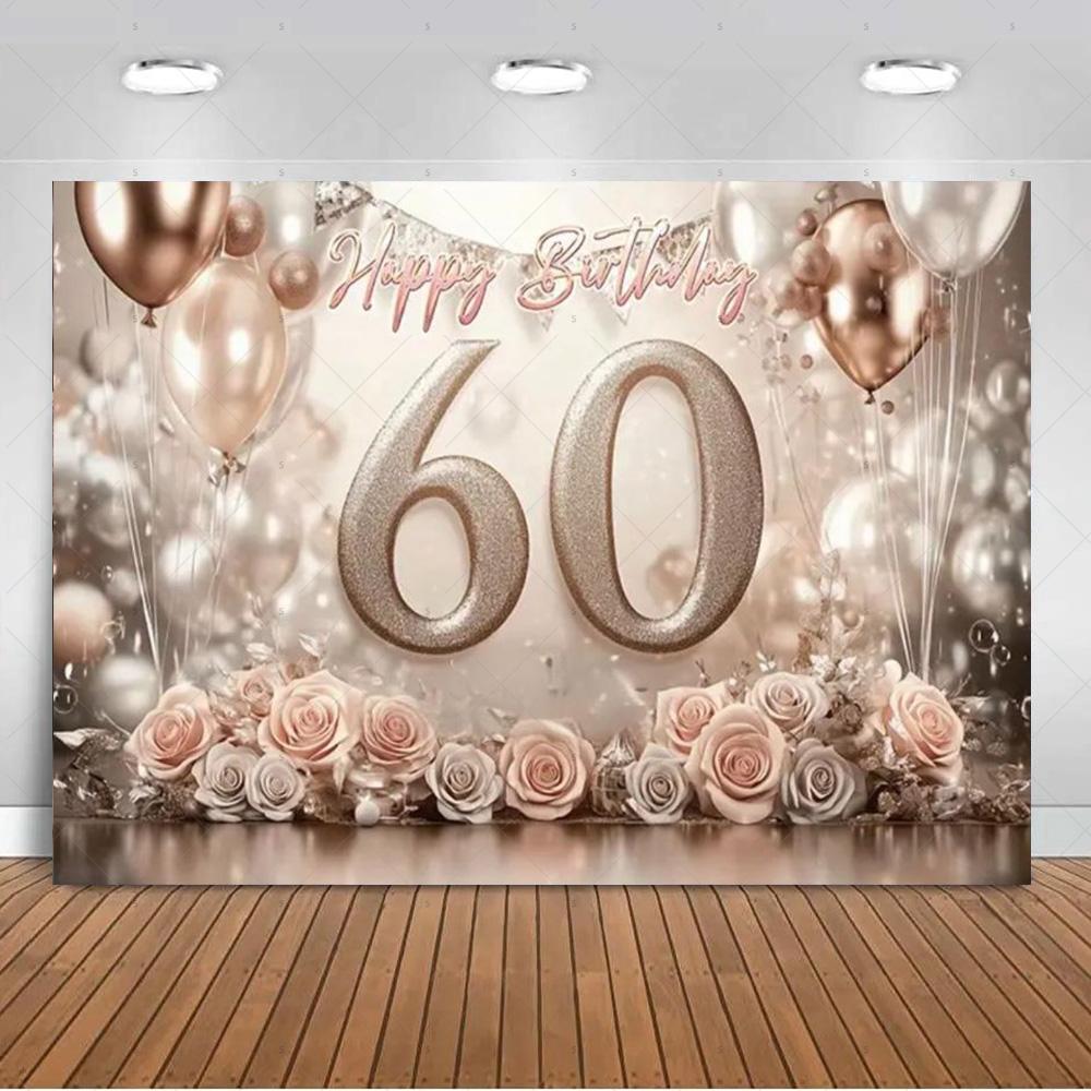 60 Years Old Backdrop Supplies Gold Pink Balloons Glitter Background Banner 60th Birthday Party Decorations Photography Props