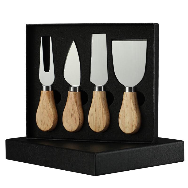 Käsemesser-Set aus Edelstahl mit Griff aus Gummibaumholz: Enthält Messer, Gabel, Pfannenwender und Buttercrememesser.