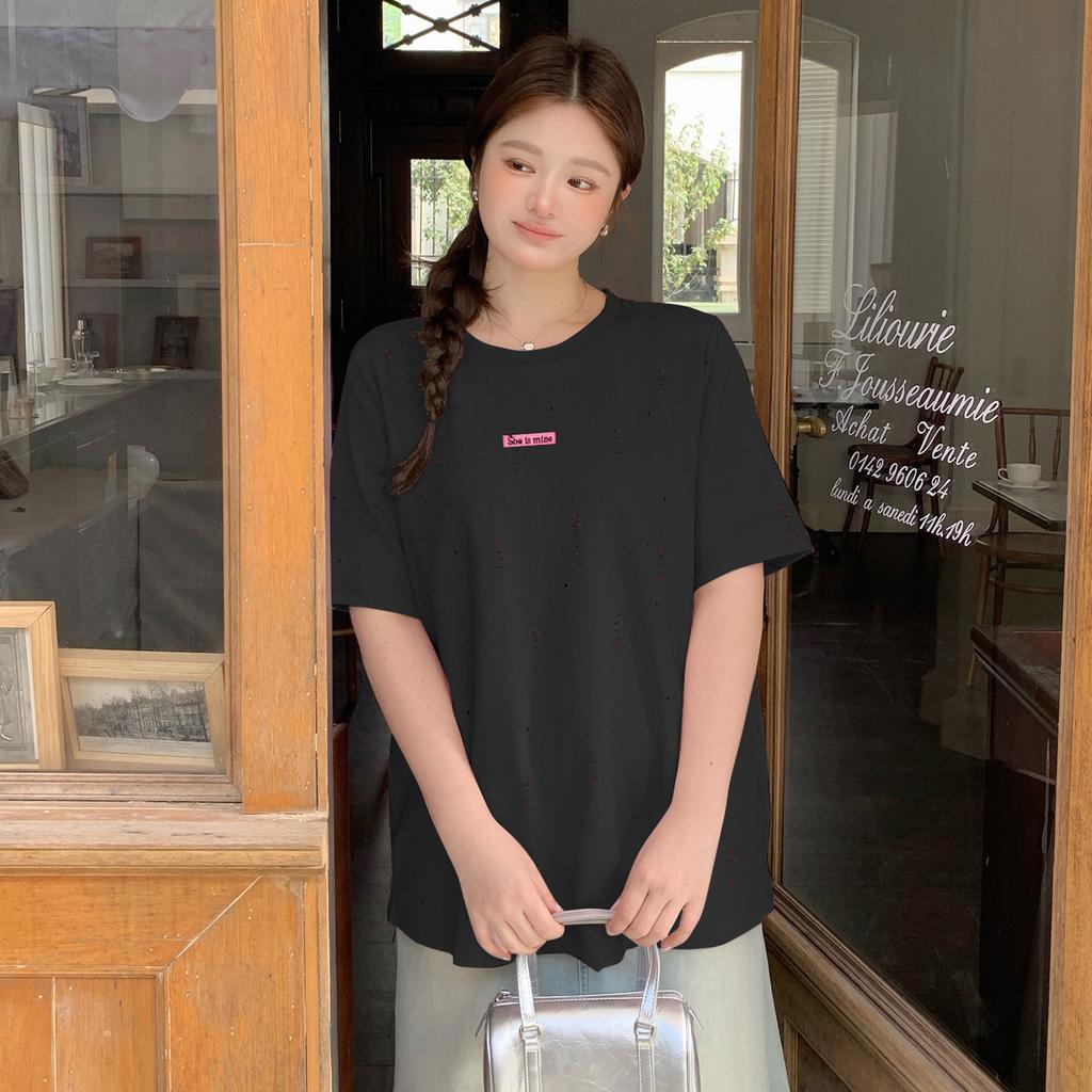 2026 summer round neck front shoulder T-shirt fat mm large size women's clothing casual slightly fat and thin short-sleeved top 134115