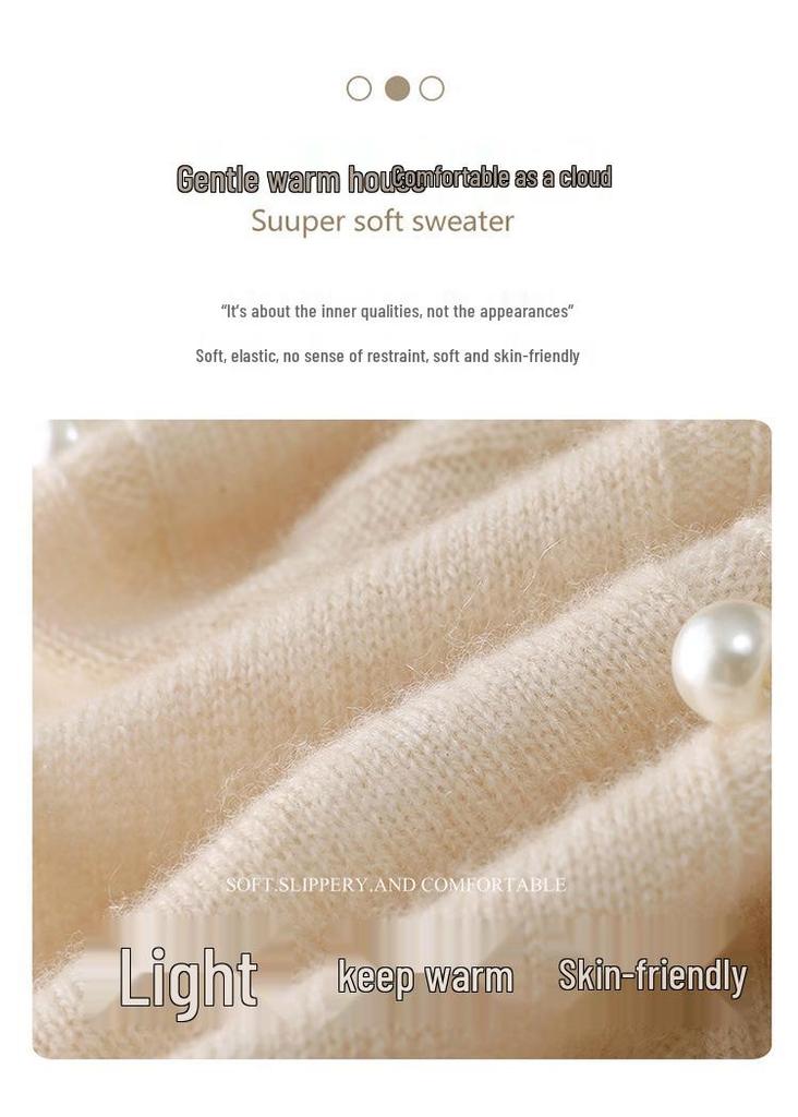 Women's Elegant Pearl Button Wool Dress - Autumn/Winter Knit, Half-High Collar, Loose Fit, Silk Luster Sweater