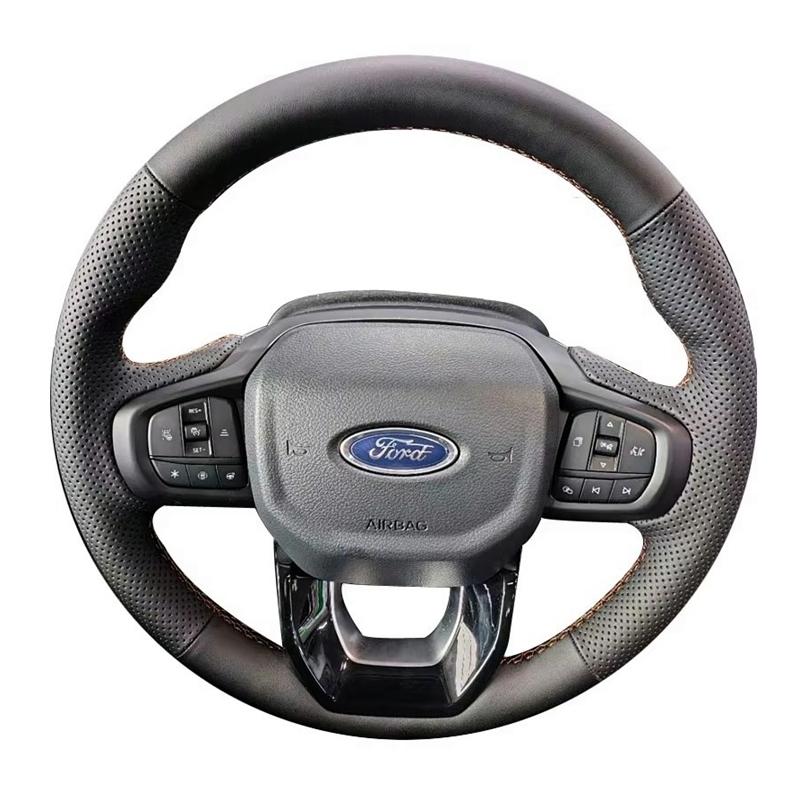 Perforated Leather Cover Hand Sewing Car Steering Wheel Cover Trim Black For Ford Ranger Everest -2024