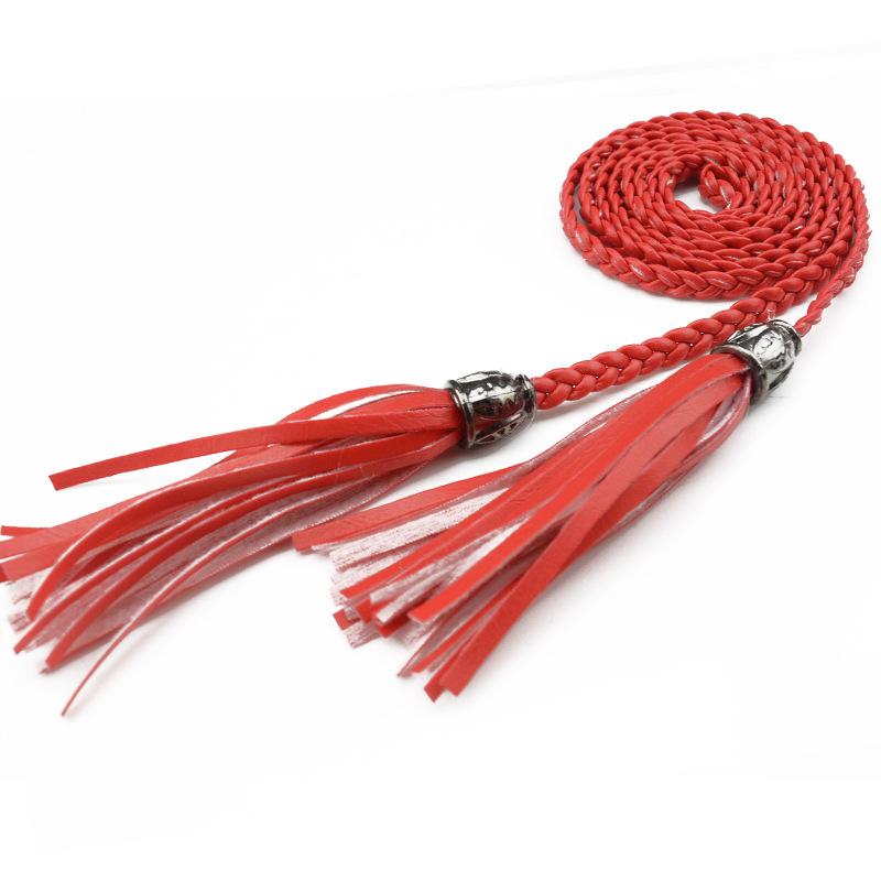 Women Girl Weaving Leather Belt Tassel Waistband Female All-match Waist Belt for Dress