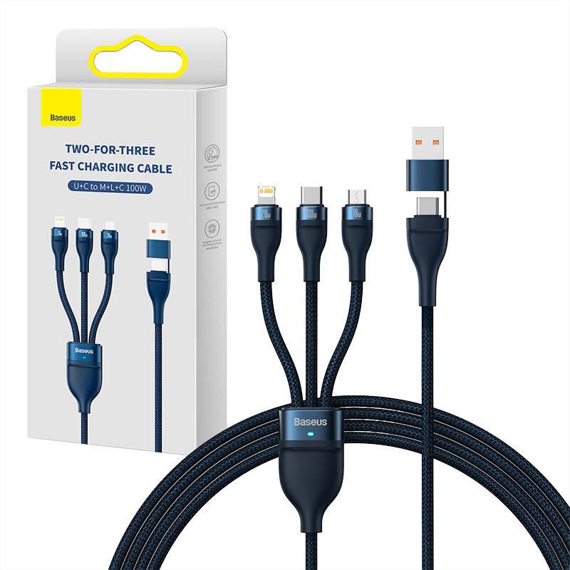 Baseus Flash Series 2 3-in-1 USB Cable, USB-C + Micro USB + Lightning, 100W, 1.2M (Blue)