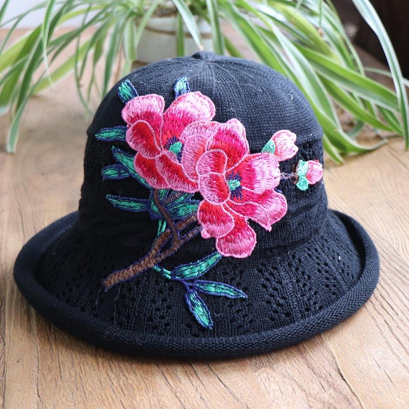 Vår og sommer etnisk vind broderi blomst sammenleggbar hatt dame strikkelue sandbøttehatt