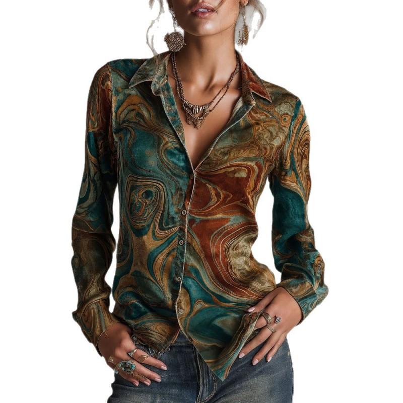 Womens Long Sleeve Polo Shirt Abstract Print Slim Fit Casual Top