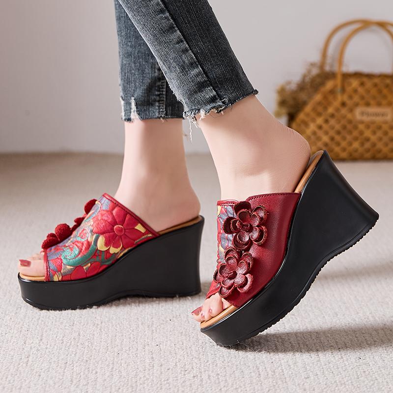 Fashion GKTINOO 2025 Genuine Leather Women Slippers Flower High Heels Wedges Summer Shoes Platform Retro Handmade Women Leather Slipper