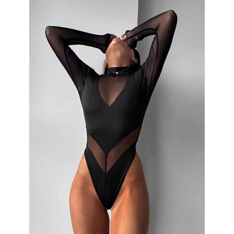 European and American Sexy Sexy See-through Mesh Patchwork Design round Neck Jumpsuit High Waist Black Flattering Long Sleeves Tops