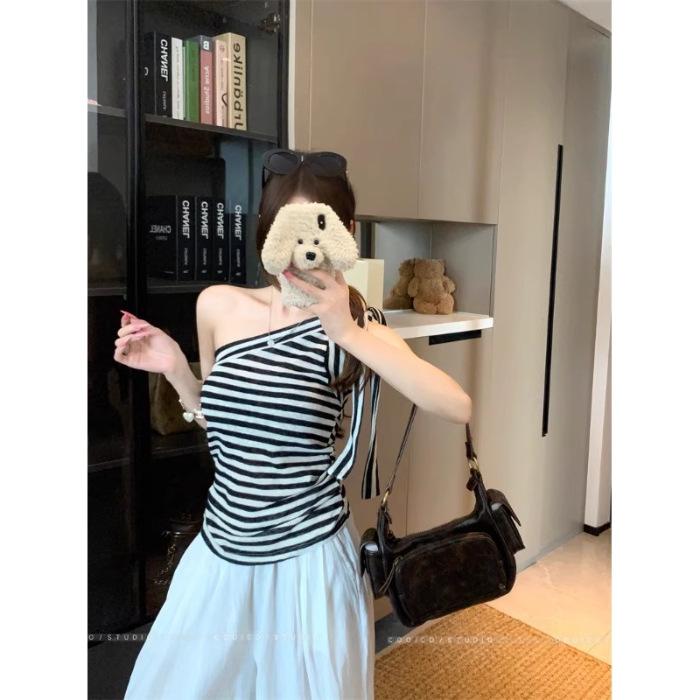 Retro contrasting striped slanted shoulder vest women s niche simple design streamer top casual versatile Korean women s clothing S