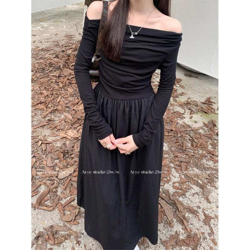 

Temperament one-word collar long-sleeved dress for women s autumn new off-the-shoulder waist and thin A-word long dress S белый
