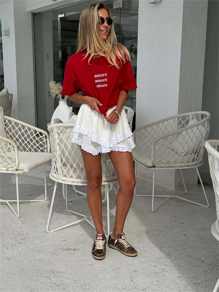 Red Oversized T-Shirt with Amore Amore Amore Print Women's T-Shirt  Simple Design Summer Fashion Tee Boutique Drop Sleeve