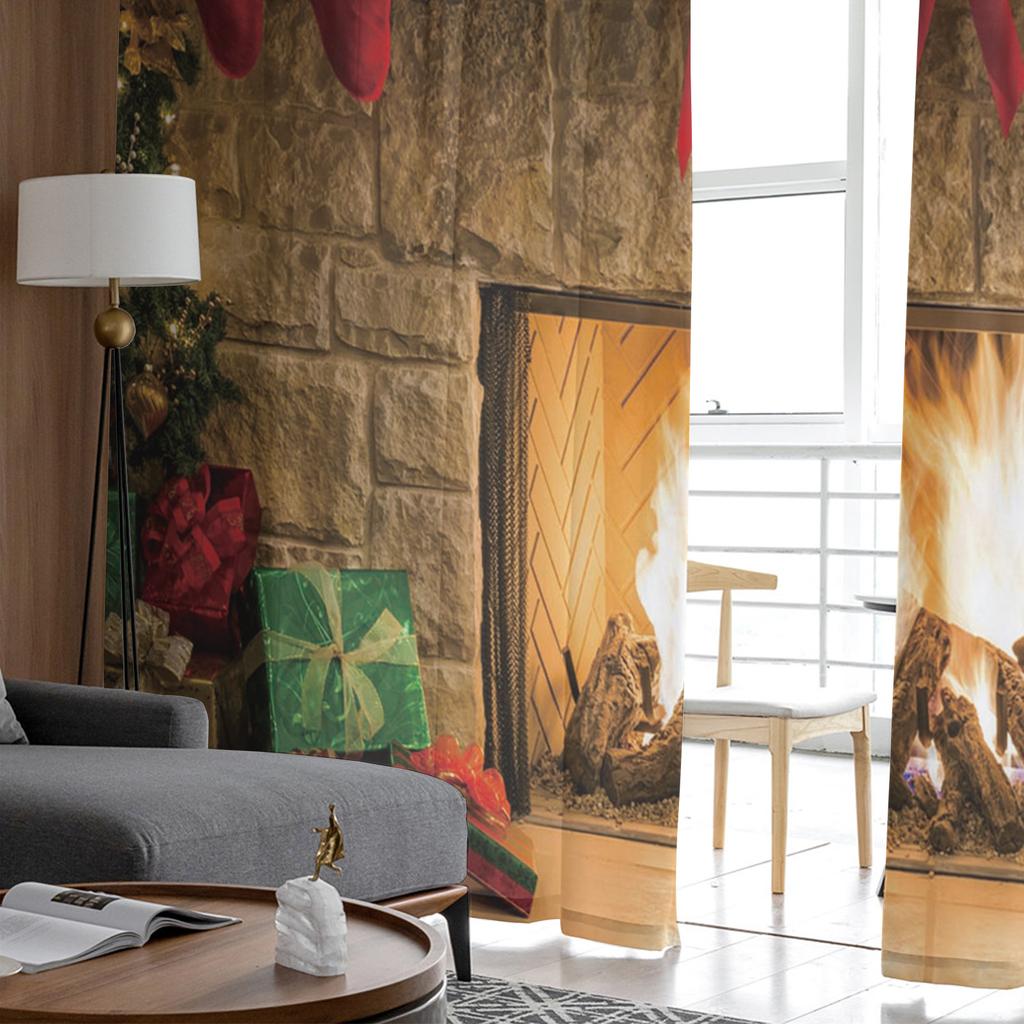 Weihnachtskamin Weihnachtssocken Tüllvorhänge für die Wohnzimmerdekoration Moderne Chiffon-Voile-Weihnachtsvorhänge