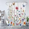Spring Floral Leaves Shower Curtain Butterfly Watercolor Blossoming Flower Rustic Plant Nature Wildflower Vintage Country Farmhouse Fabric Curtain