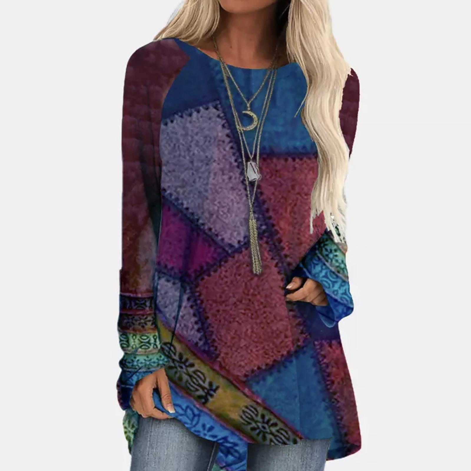 

Женская мода с длинным рукавом и круглым вырезом, футболка с принтом, свободный топ XXL фиолетовый