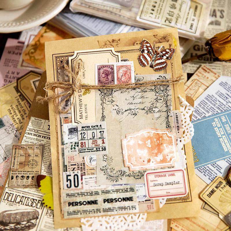 100 pcs Stickers+material paper Set Vintage handmade DIY Planner Scrapbooking Diary Collage material bag