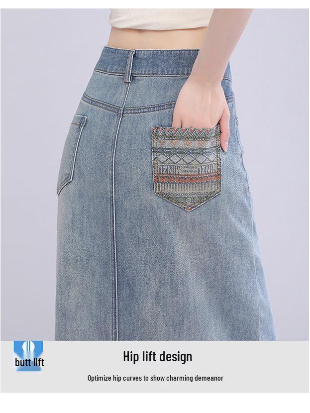 2025 High Waist Versatile Women's Denim Midi Skirt with Slit - Perfect for Spring/Summer