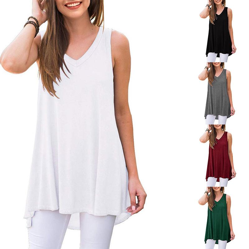 

2023 Летняя женская однотонная повседневная свободная футболка с v-образным вырезом без рукавов