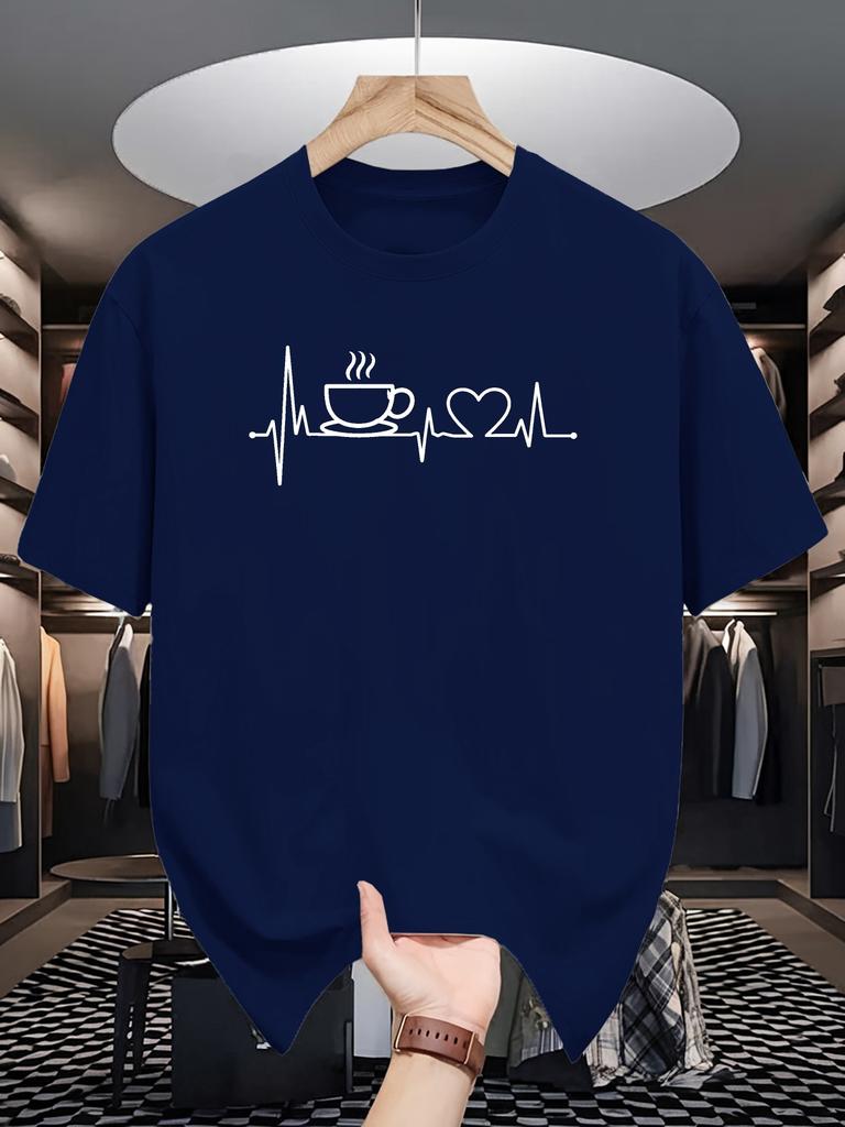 Mens Crew Neck T Shirt Coffee Heartbeat Line Art Graphic Short Sleeve Casual Minimal Cotton Coffee Lover Daily Streetwear Tees
