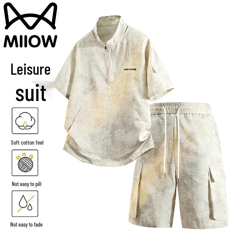 

Mao Ren Men s Summer Breathable Sports Set with Stand-Up Collar T-shirt & Shorts L