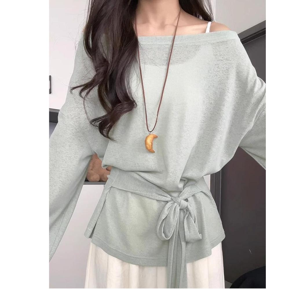 apricot sunscreen blouse tulle top women's summer new straps hollow pure wind off-the-shoulder air conditioner shirt