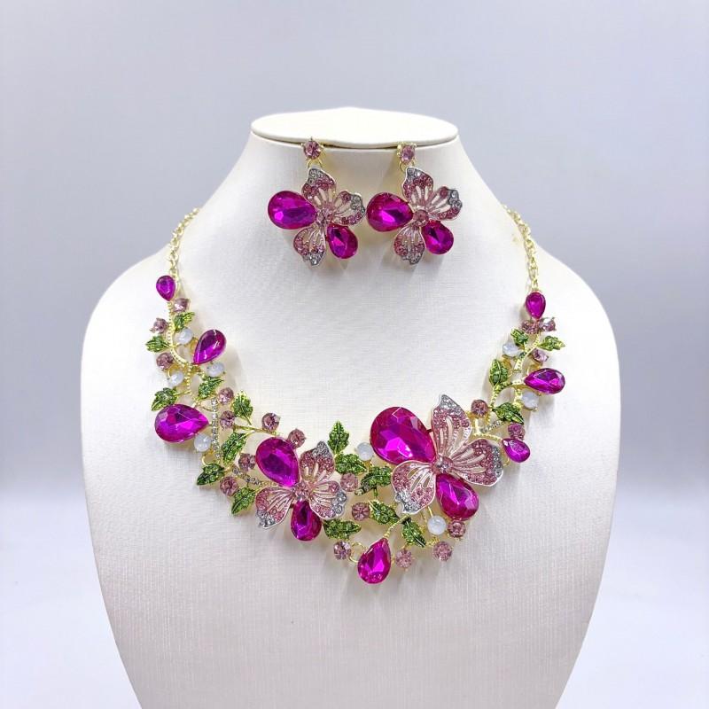 Sparkling Colorful Crystal Gemstone Necklace Earring Set Women Wedding Party Stage Accessory Floral Fashion Jewelry