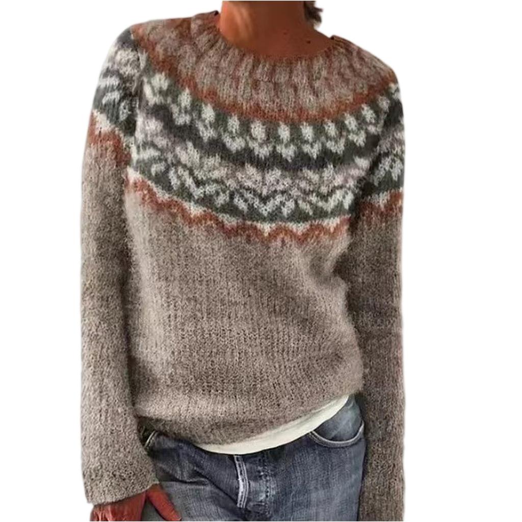 Ladies' Fashion Sweater, Round Neck, Color-block, Loose Pullover Long-sleeved Knitted Shirt Top