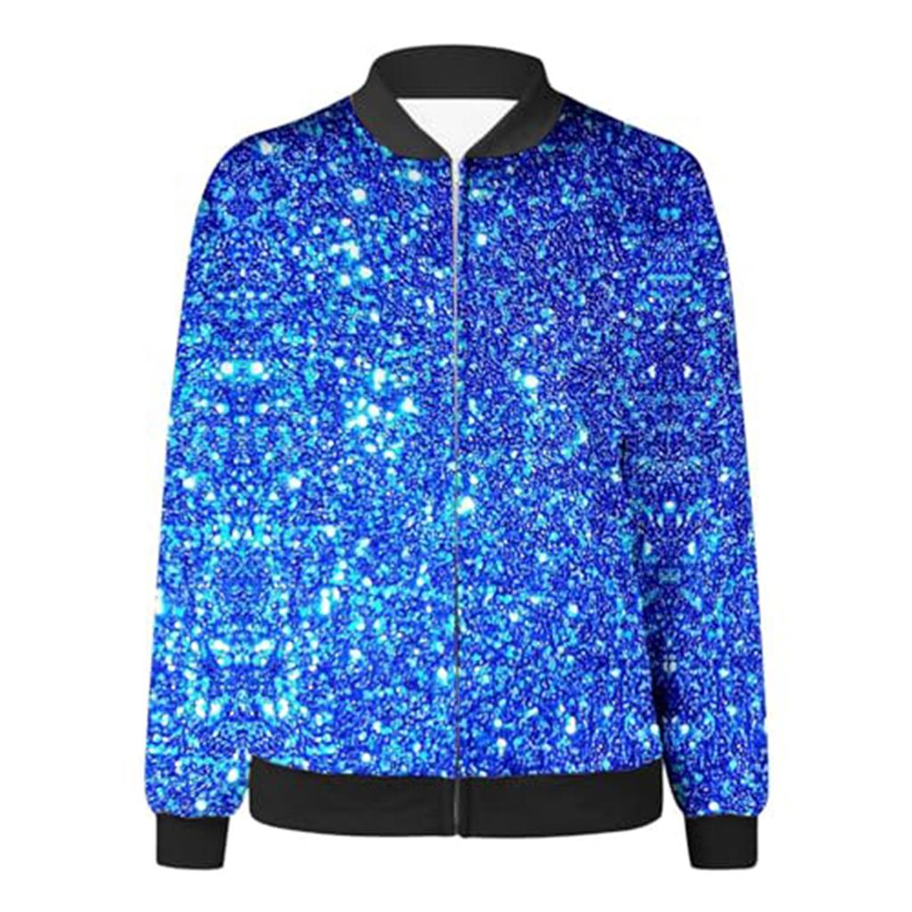 Women's Fashion Long Sleeve Sequin Print Round Neck Zip Jacket