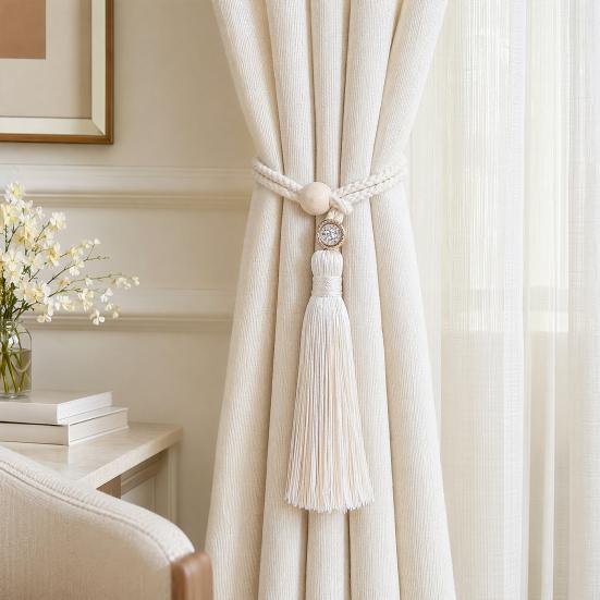 Wooden Ring Tassels Curtain Tieback, Adjustable Window Curtain Holders Ties Backs, No Drill Drape Curtain Holdbacks for Home Bedroom Decor
