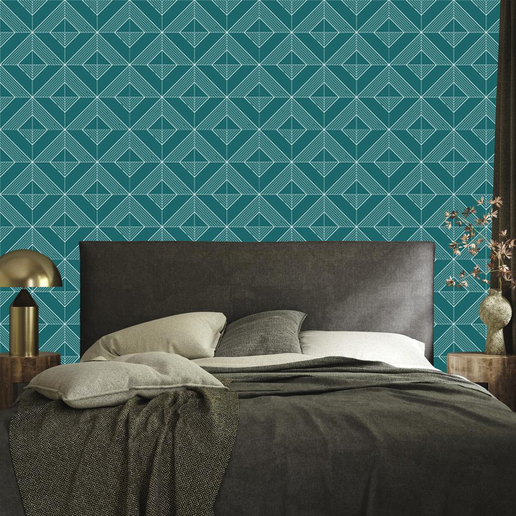 Geometric Rhombus Wallpaper, Turquoise Background, Turquoise Center, 50x1000