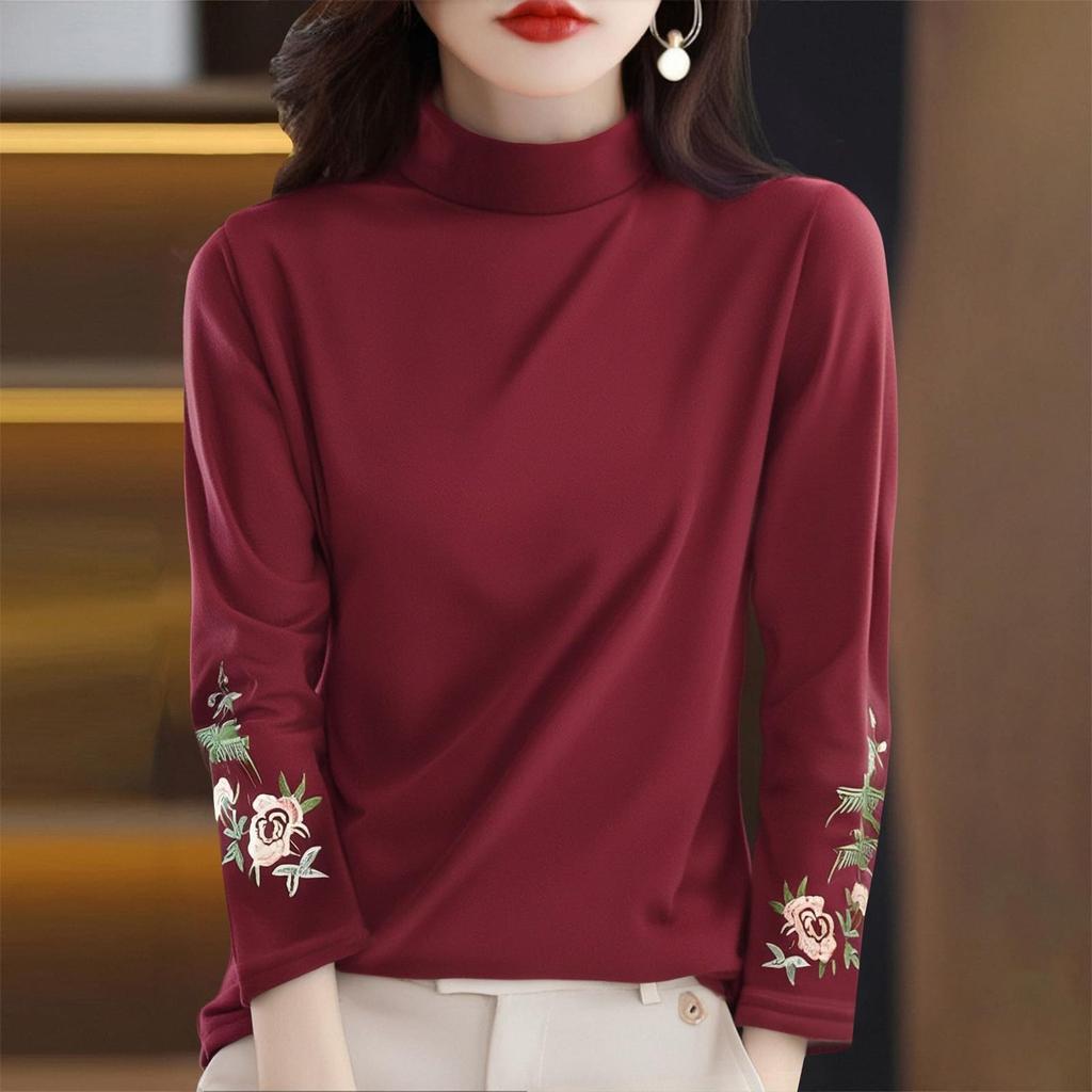 Women's Fashion Retro Velvet Literary Embroidery High Neck Long Sleeve T-Shirt Top