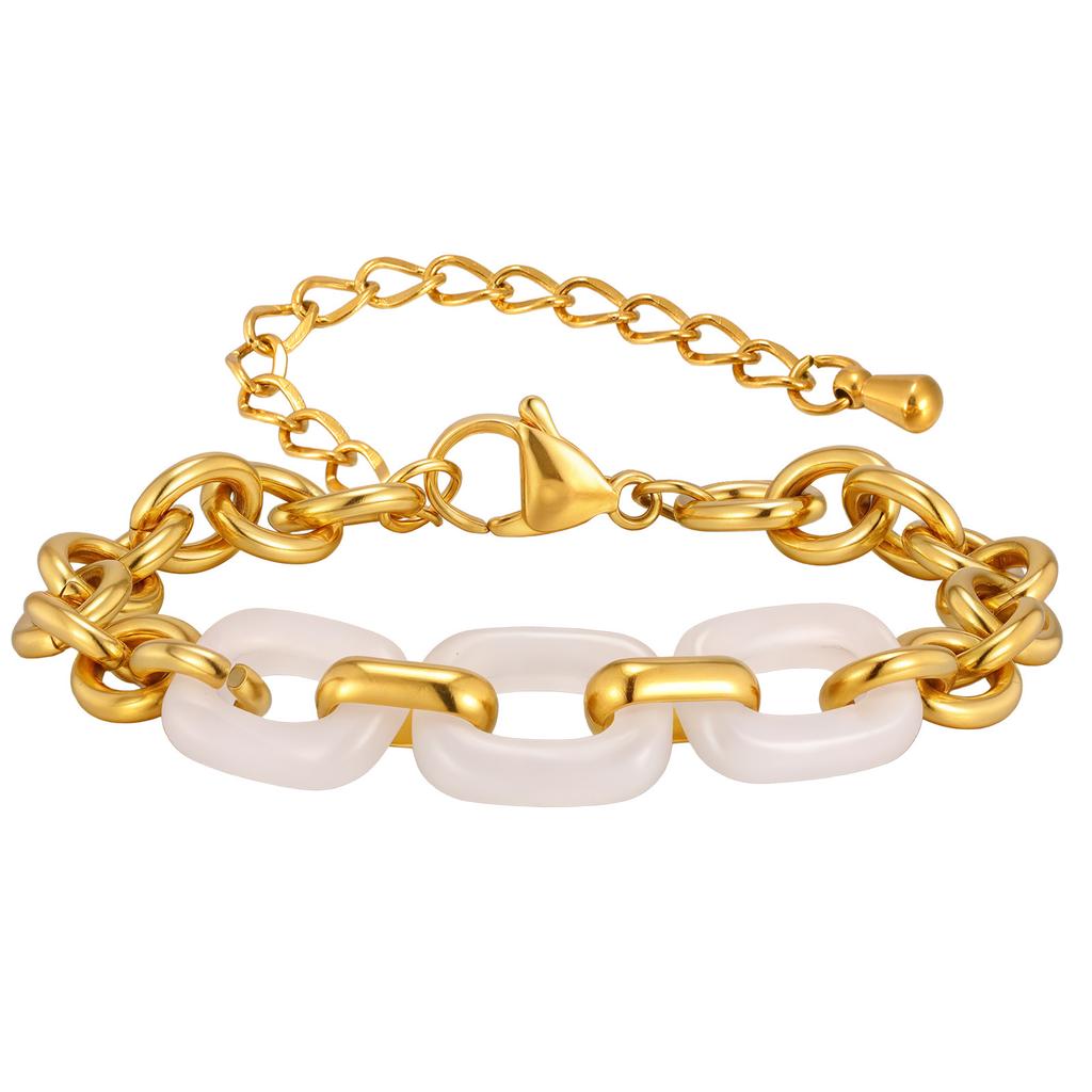 Fashion Women'S Wrist Jewelry Stainless Steel White Jade Splicing Chain Bracelet Gold Br-2678