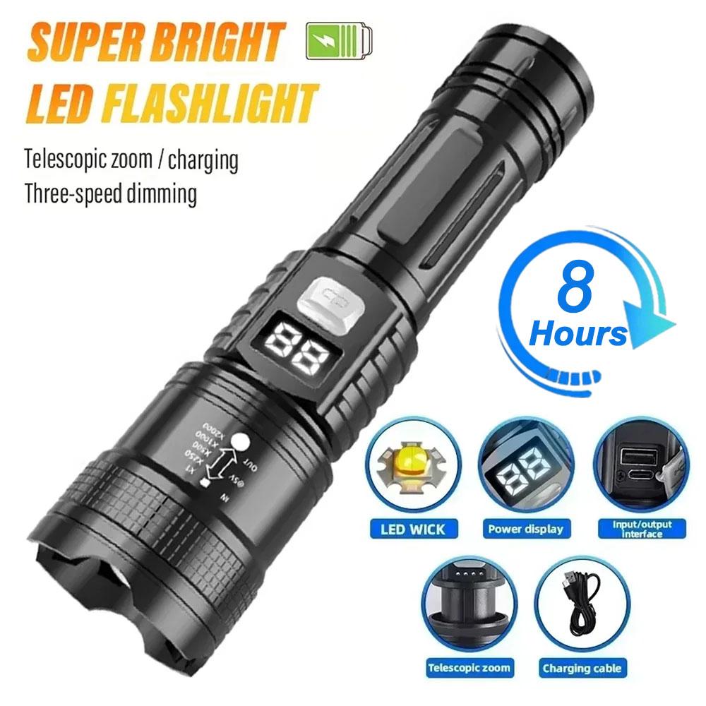High Strong Power Led FlashlightsTactical Torch with Display Light USB Charging Outdoor Camping Fishing Emergency Zoom Lantern
