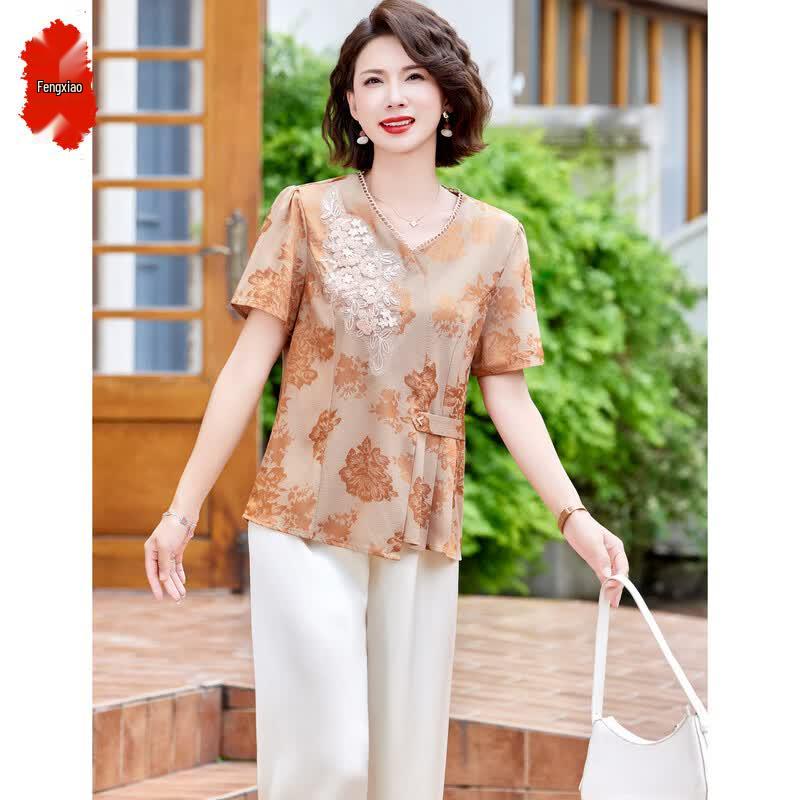 New Chinese Style Summer T-shirt Set for Middle-aged Women