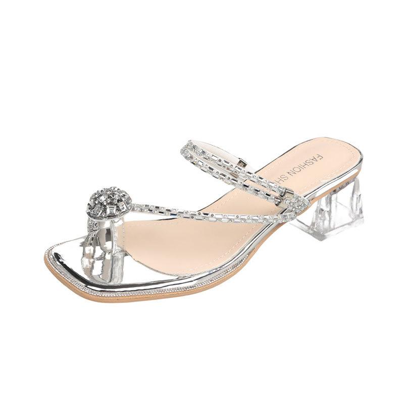 Two sandals for women to wear 2025 new summer fashion rhinestone toe fairy wind thick high heel crystal cool slippers