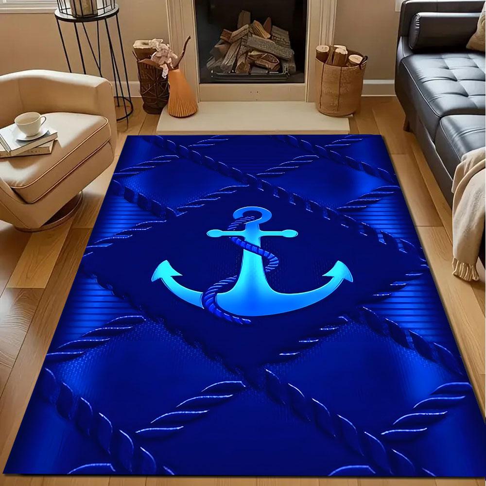 Blue Anchor and Rope Nautical Design Patterned Carpet, Non Slip Mat Suitable for Living Room and Bedroom Sofas