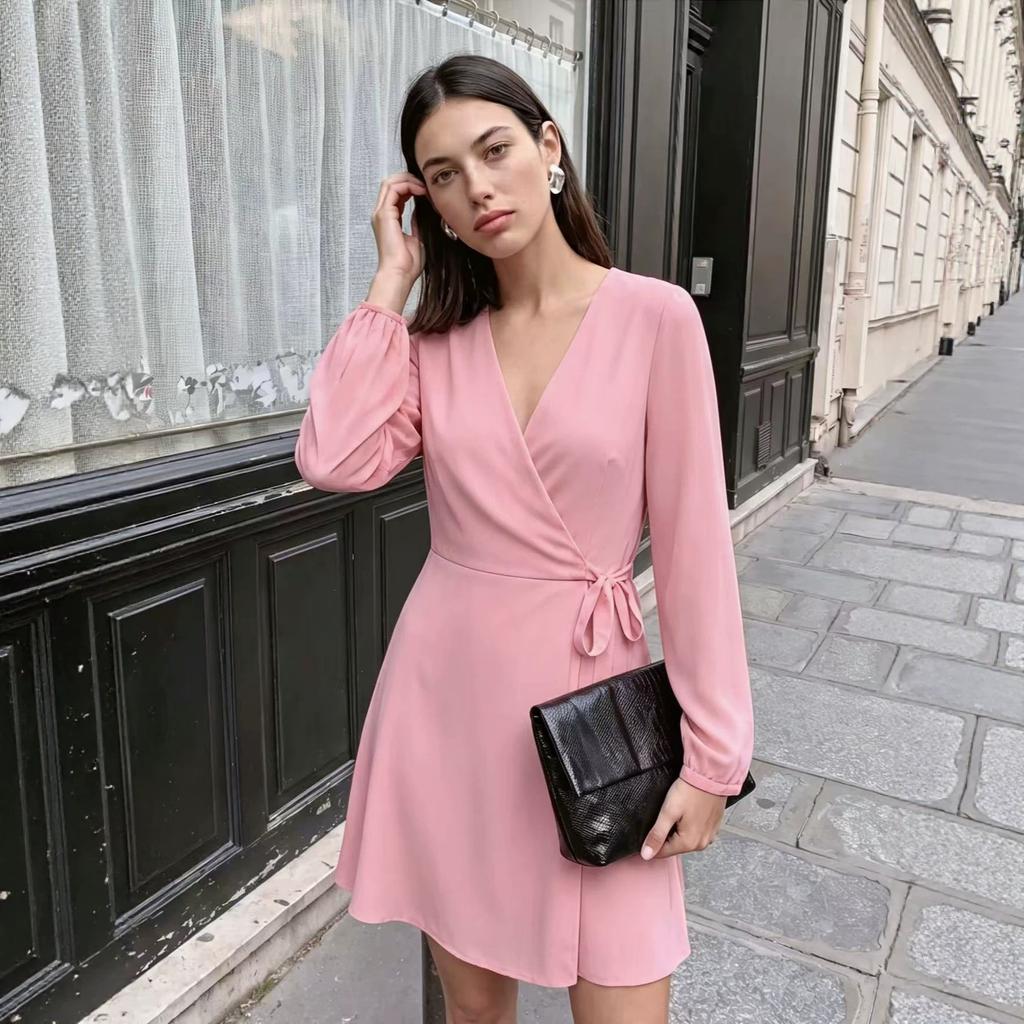European and American New Satin Dress Women's Long-sleeved Temperament To Cover the Stomach, Fashionable and Thin Solid Color Slim-fitting Skirt