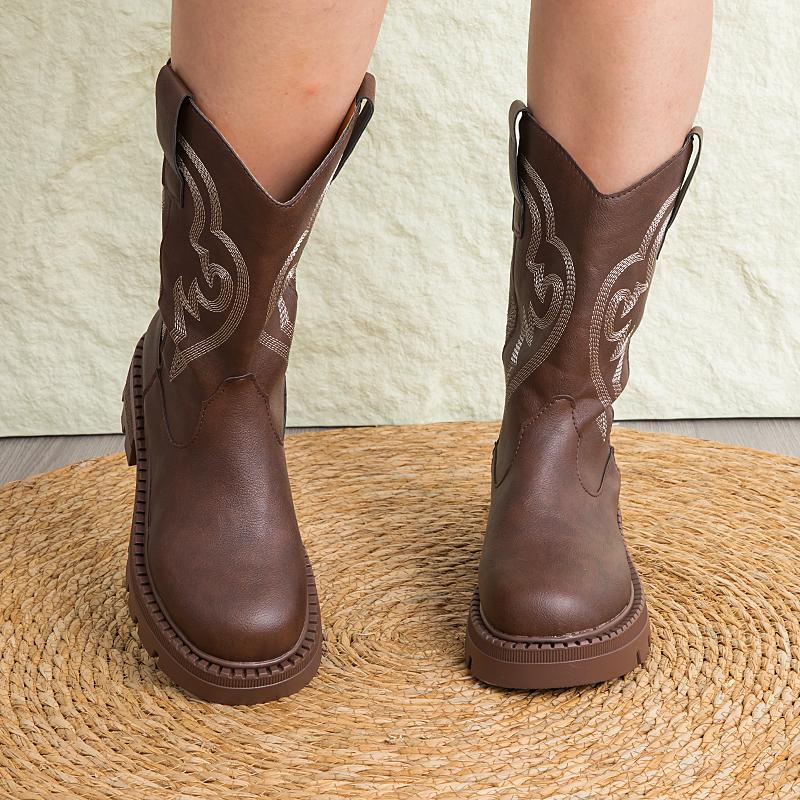 25Autumn And Winter Vintage Embroideryvwomen'S Summer Chunky Heel Mid-Calf Boots, Internet Celebrity Desert Boots, Short Boots