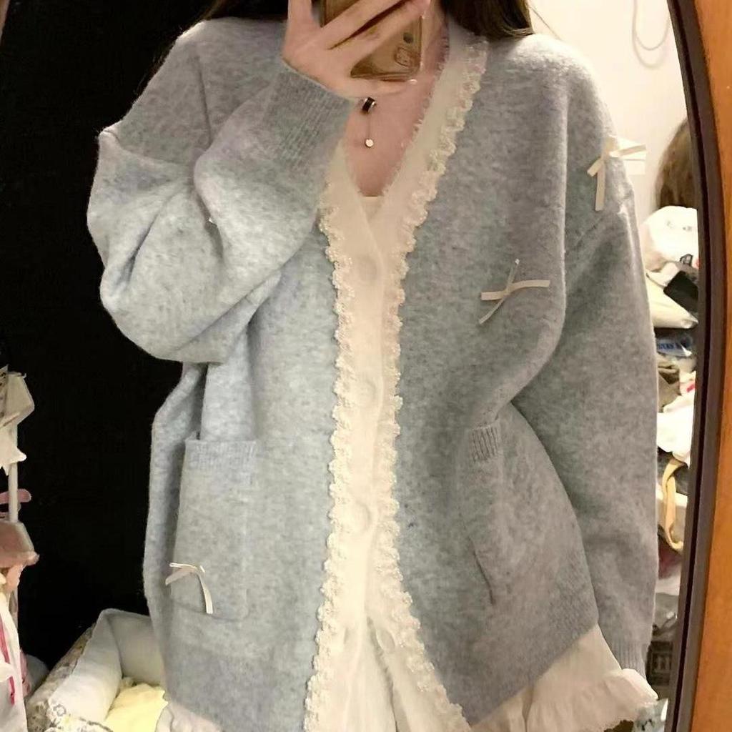 Women's Korean Style Bow Knit Cardigan - Loose Fit, Autumn/Winter 2025 Collection