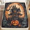 Mid Century Horror-Themed Flannel Throw Blanket - Soft Digital Print Polyester Halloween Castle Design Warm Plush Couch Bedding