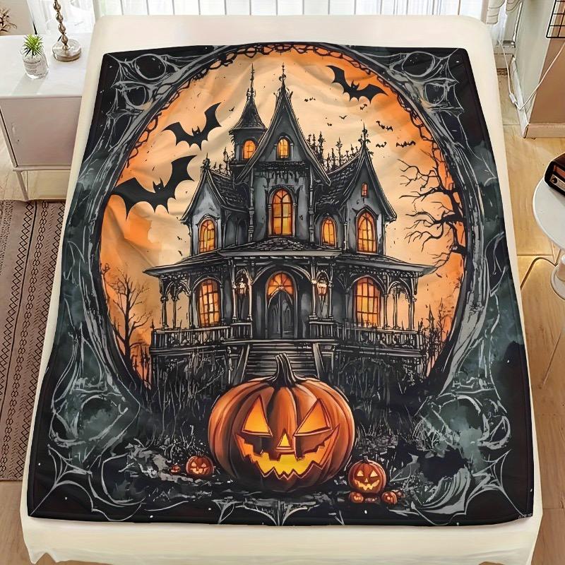 Mid Century Horror-Themed Flannel Throw Blanket - Soft Digital Print Polyester Halloween Castle Design Warm Plush Couch Bedding