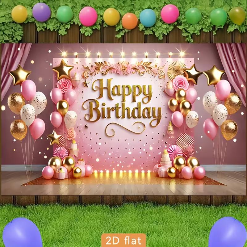 Pink Gold Birthday Tapestry, "Happy Birthday" with Floral and Balloons for Photo Booth