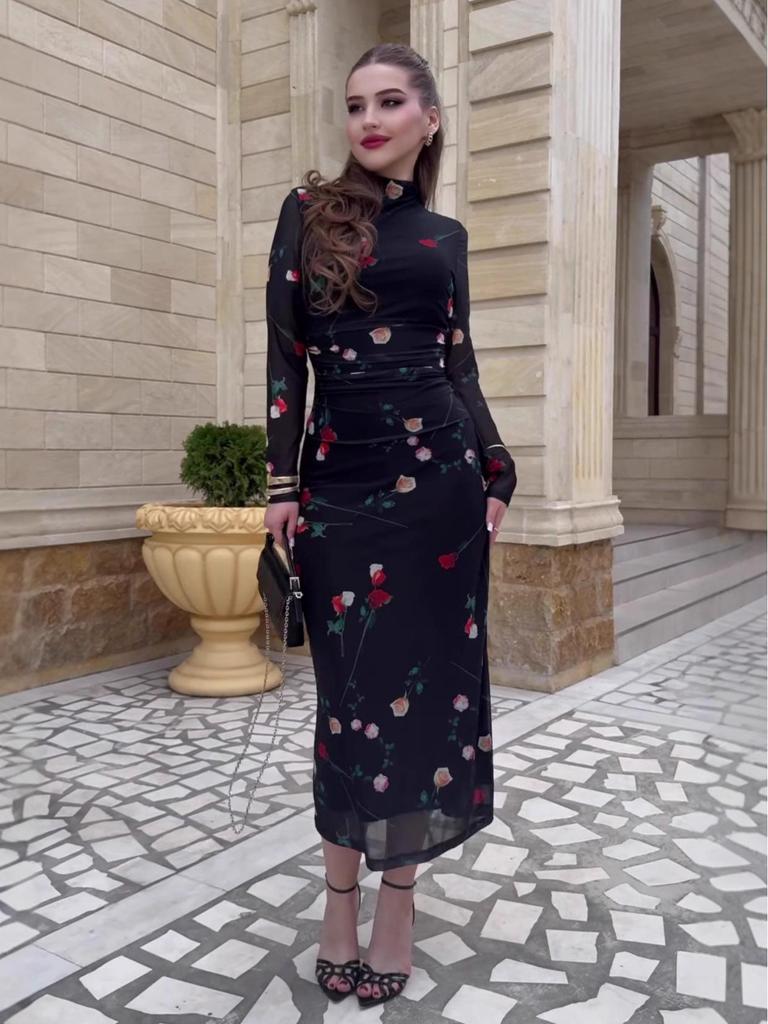 2025 Herbst Schwarzes Netz-Print Schlankmachendes Langarmkleid