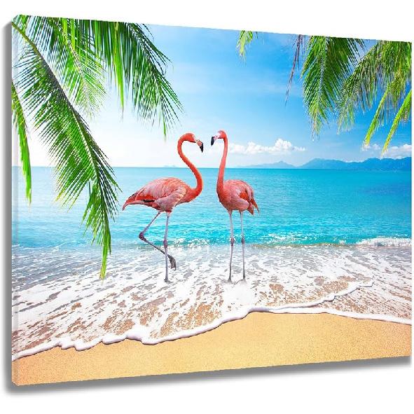 LB Pink Flamingo Beach Wall Art for Bathroom Tropical Green Palm Leaf Canvas Wall Art Wall Paintings Home Decor Blue Ocean Wall Pictures for Living