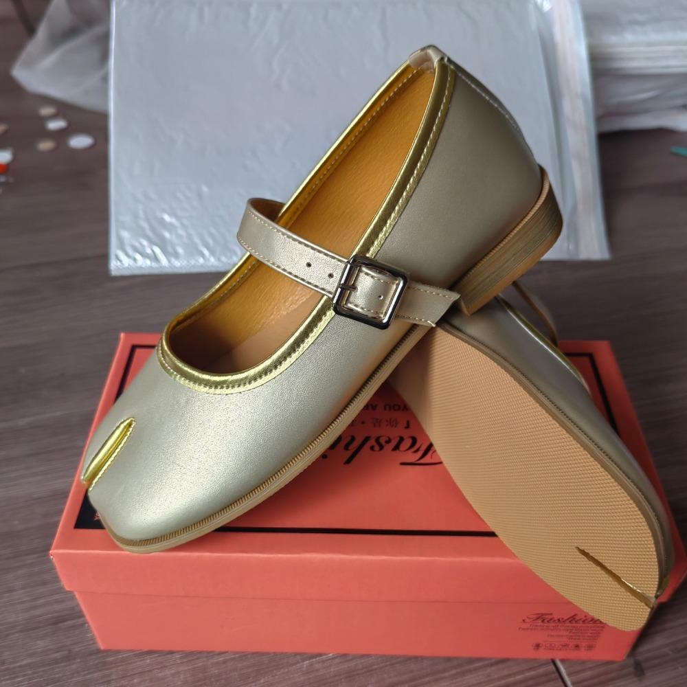 Fashion Women Tabis Ninja Ballet Flats Silver Leather Split Toe Shoes Plus Size 42 Champagne Loafer Mary Janes Buckle Pumps Footwear
