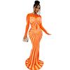 Vestido de noche Vestido largo de manga larga con diamantes de imitación transparentes de malla de color sólido para mujer a la moda