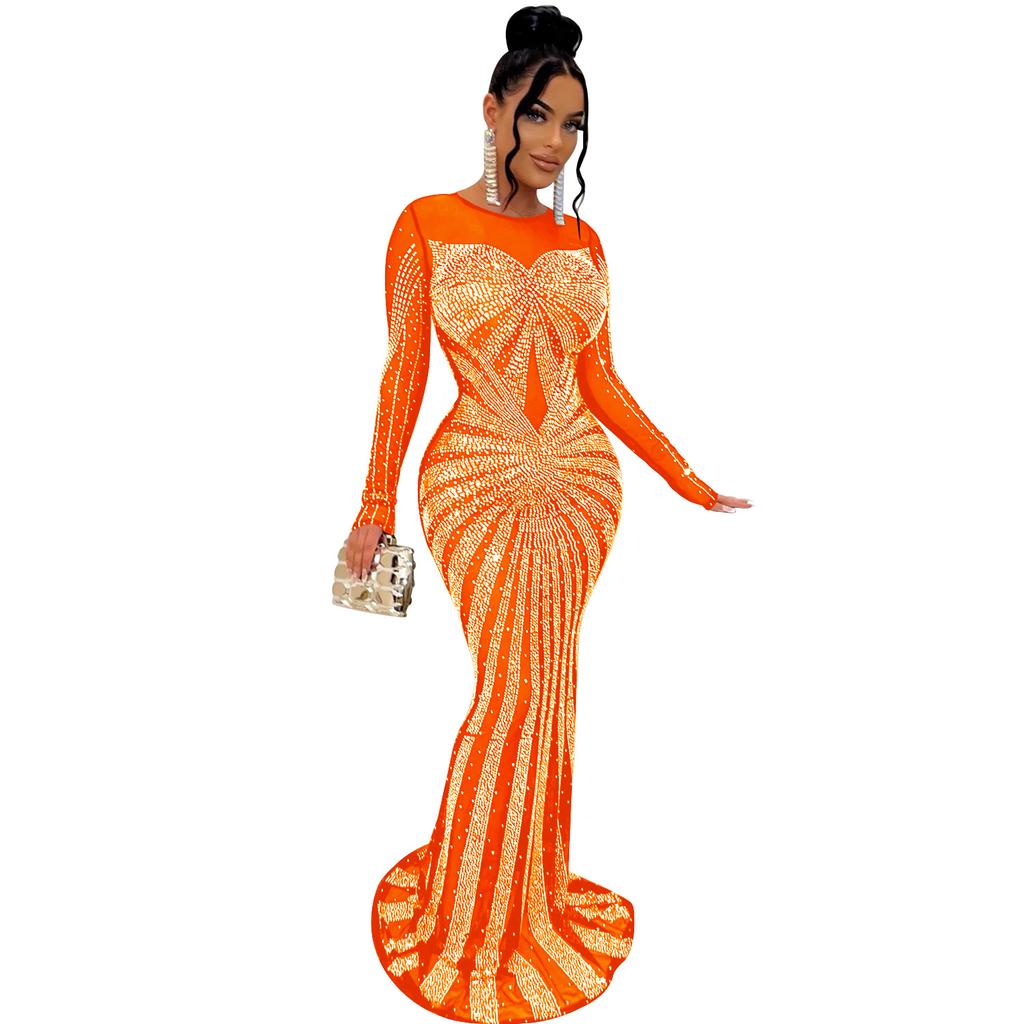 Vestido de noche Vestido largo de manga larga con diamantes de imitación transparentes de malla de color sólido para mujer a la moda
